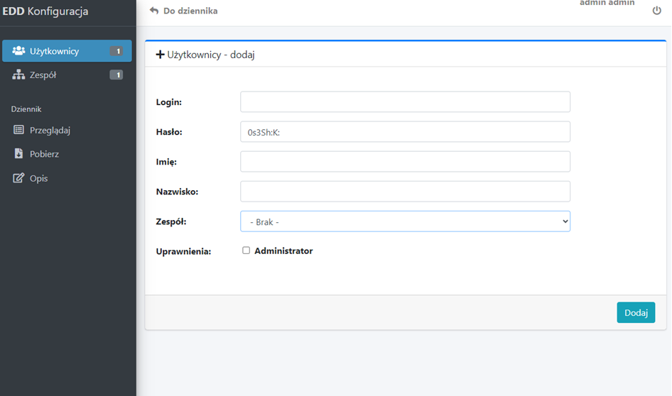 Panel Administracyjny - Dodawanie Użytkownika